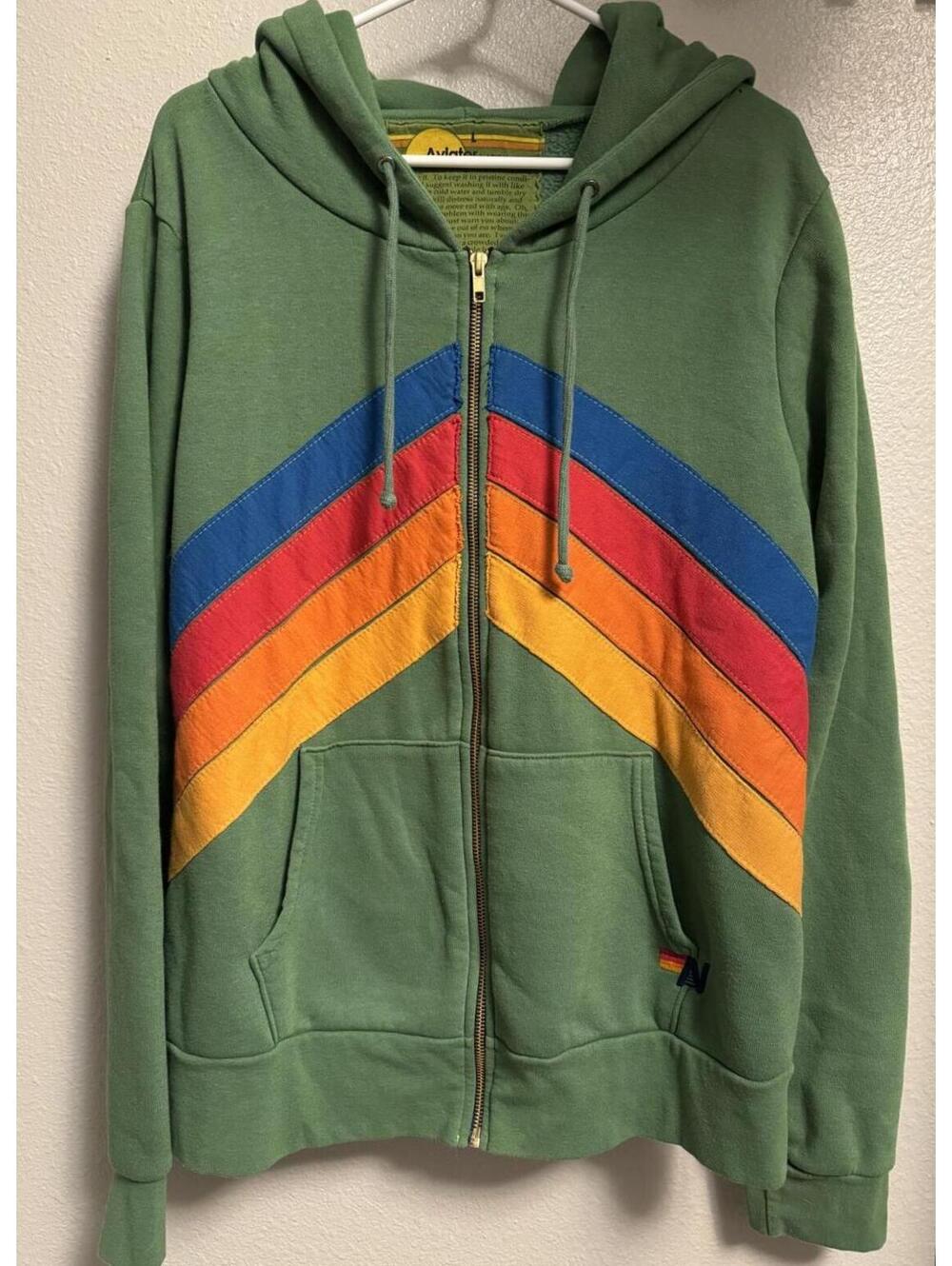Aviator Nation Mountain Stitch Chevron 4 Zip Hoodie in Palm. Unisex Size L